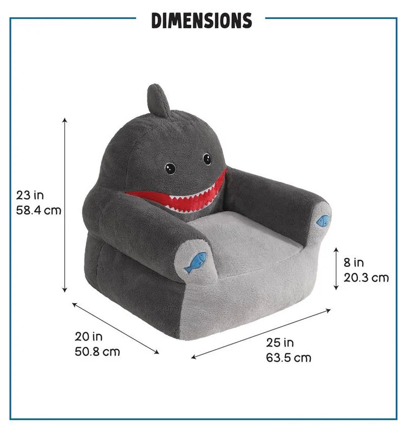 Kids Shark Large Foam Filled Bean Bag Chair, Gray Plush, 25" W X 20" D X 23" H