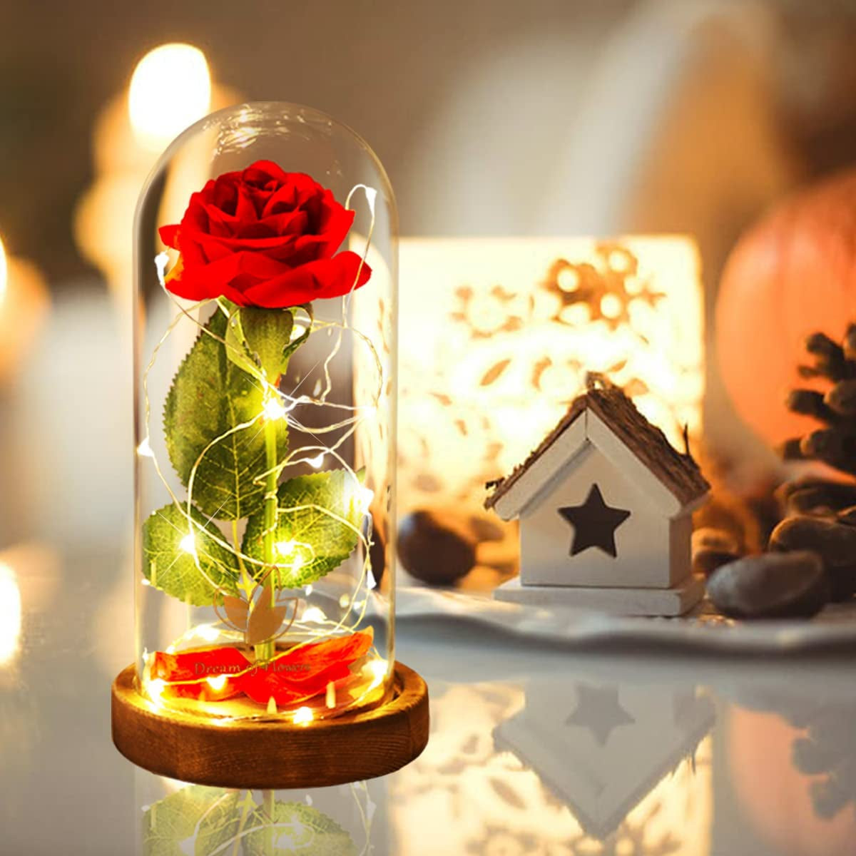 Christmas Day Rose Gifts for Her,Beauty and the Beast Rose in Glass Dome Lasts Forever Red Rose with LED Lights,Gifts for Women Mom Wife,Anniversary,Thanksgiving Gifts,Wedding Home Decor
