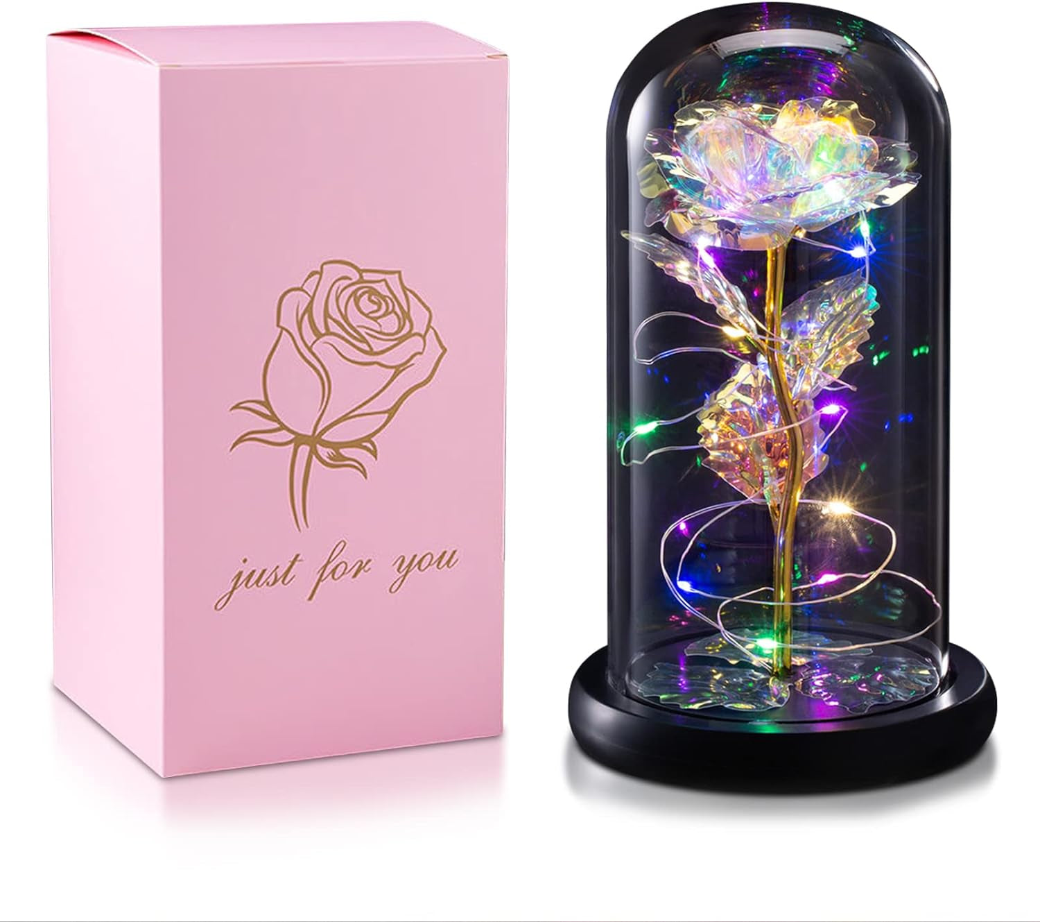 Enchanting Galaxy Flower Rose in Glass Dome - Perfect Birthday & Valentine's Day Gift for Women, Girlfriend, Wife, or Daughter - Illuminating Rainbow Light Display