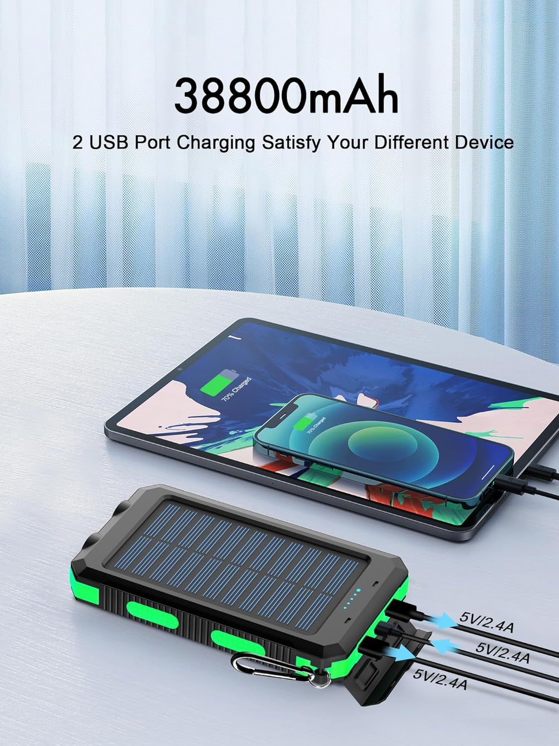Eco-Friendly Solar Power Bank - Portable Waterproof Charger with LED Flashlight for Outdoor Adventures (Green)