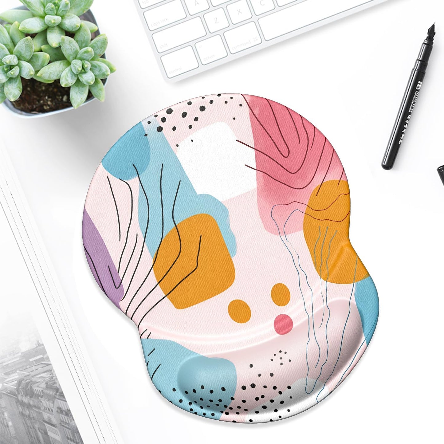 Ergonomic Mouse Pad with Gel Wrist Support Small Wrist Rest Smooth Surface Non-Slip PU Base Comfortable Office Supplies Pain Relief, 8.7 X 7.2 Inches, Art Style Pattern