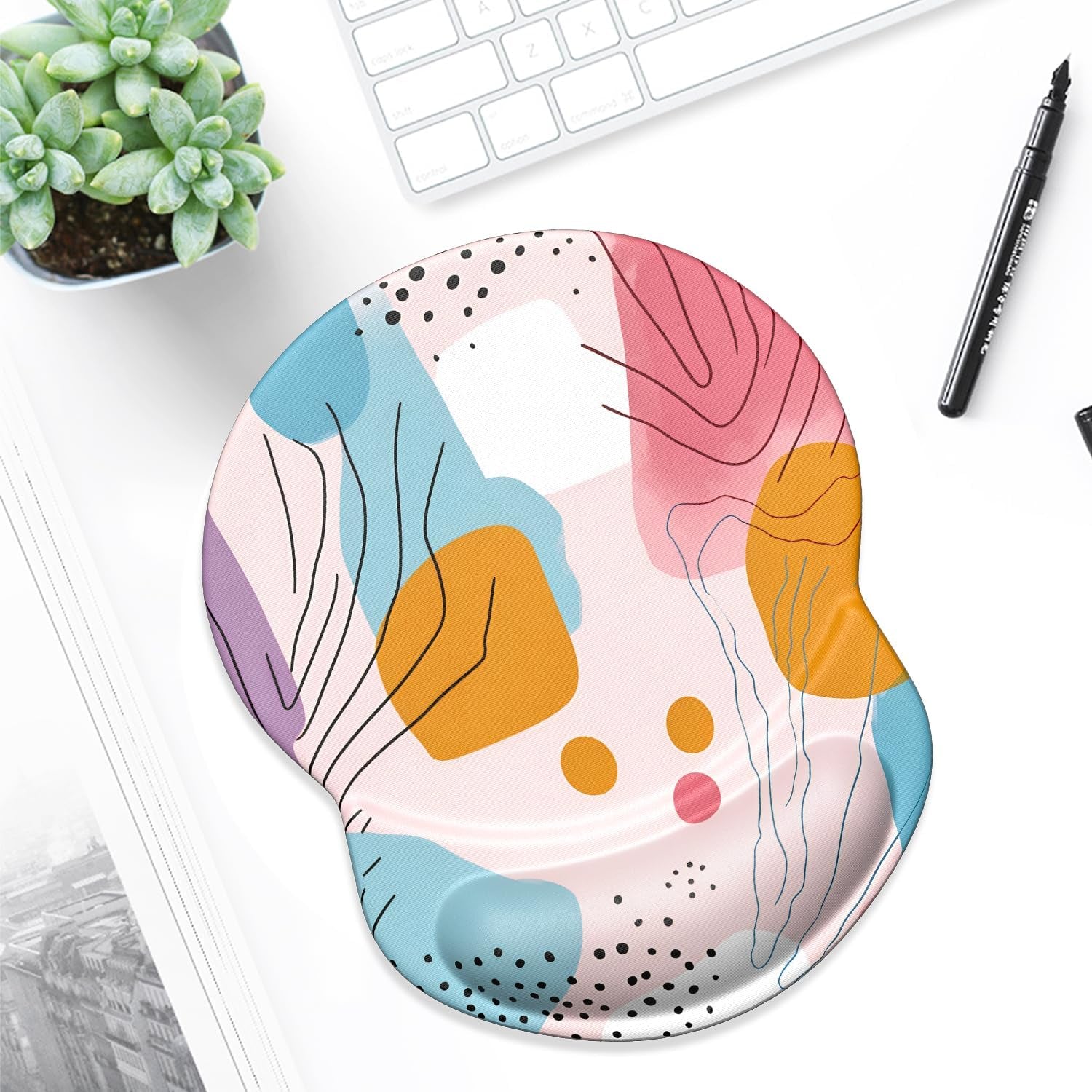 Ergonomic Mouse Pad with Gel Wrist Support Small Wrist Rest Smooth Surface Non-Slip PU Base Comfortable Office Supplies Pain Relief, 8.7 X 7.2 Inches, Art Style Pattern