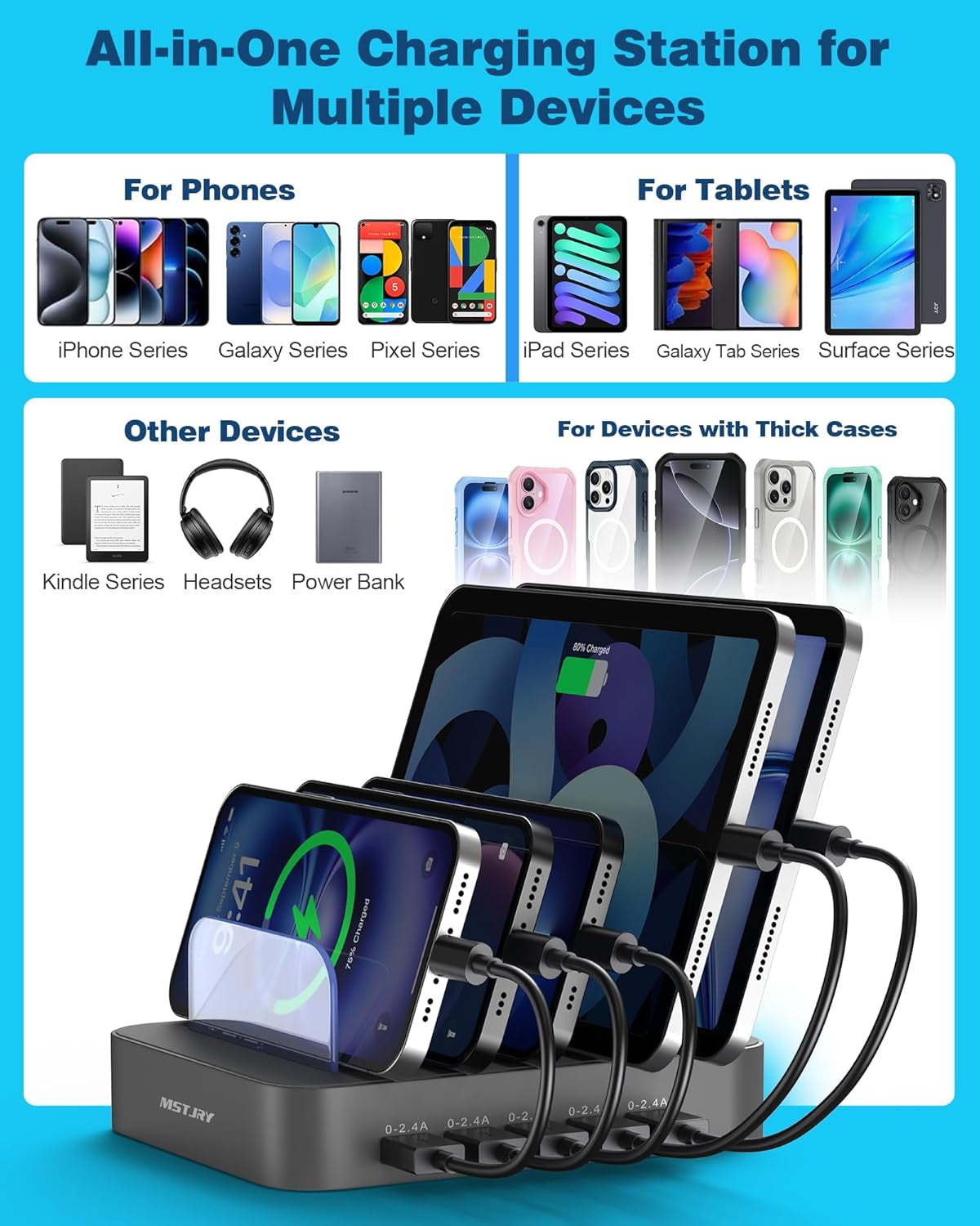 Charging Station for Multiple Devices : 5 Port Multi USB-A Charger Stations Multi-Device Organizer Charging Dock Designed for Iphone Ipad Cell Phone Tablets (7 Short Cables Included), Gray