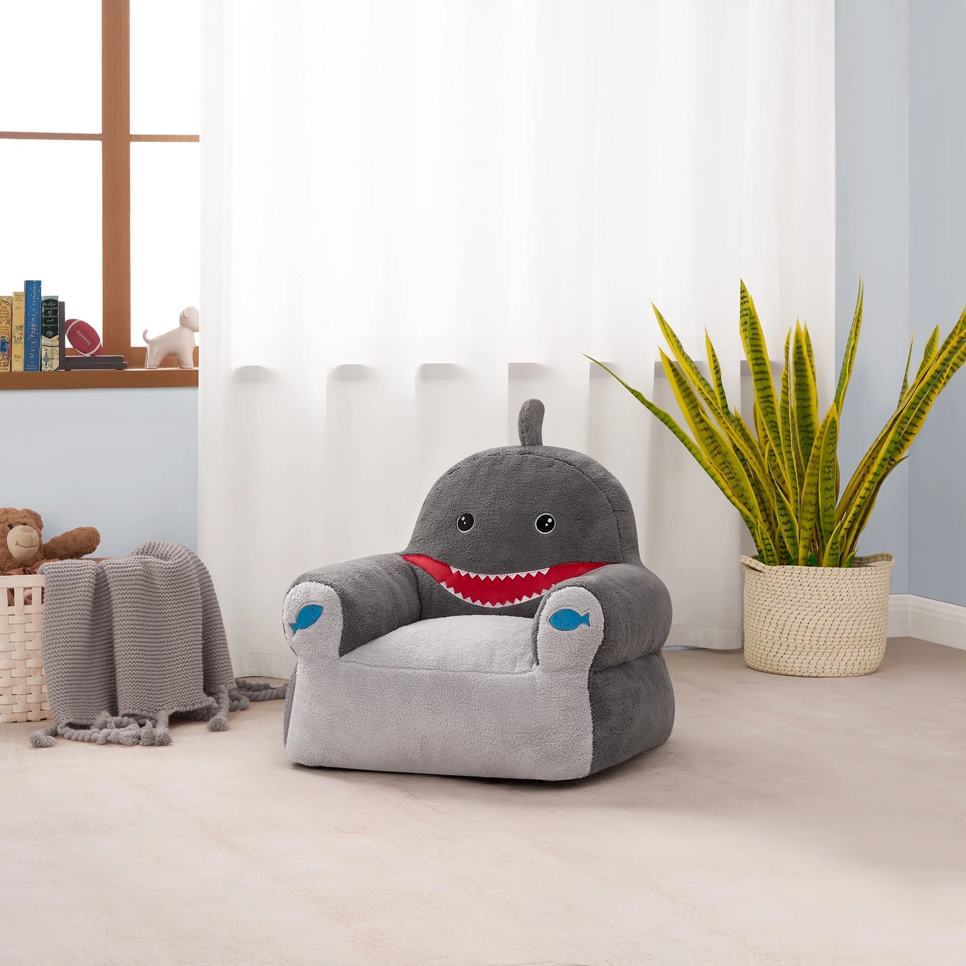 Kids Shark Large Foam Filled Bean Bag Chair, Gray Plush, 25" W X 20" D X 23" H