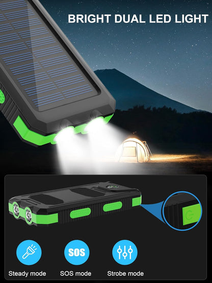 Eco-Friendly Solar Power Bank - Portable Waterproof Charger with LED Flashlight for Outdoor Adventures (Green)