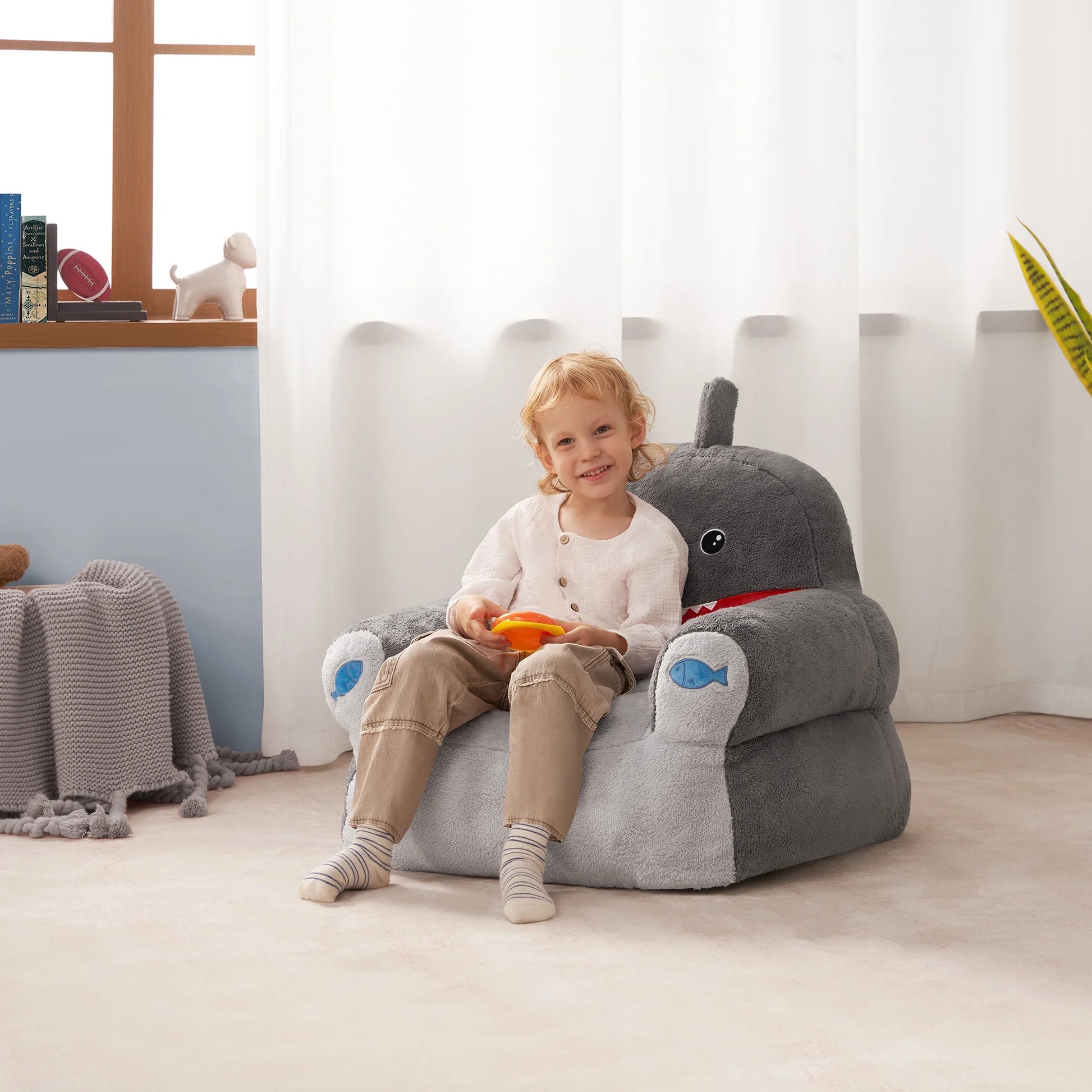 Kids Shark Large Foam Filled Bean Bag Chair, Gray Plush, 25" W X 20" D X 23" H