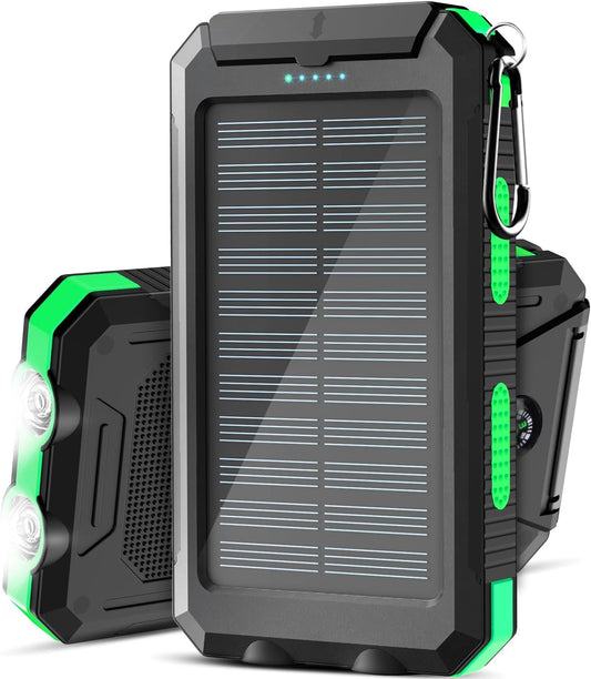 Eco-Friendly Solar Power Bank - Portable Waterproof Charger with LED Flashlight for Outdoor Adventures (Green)