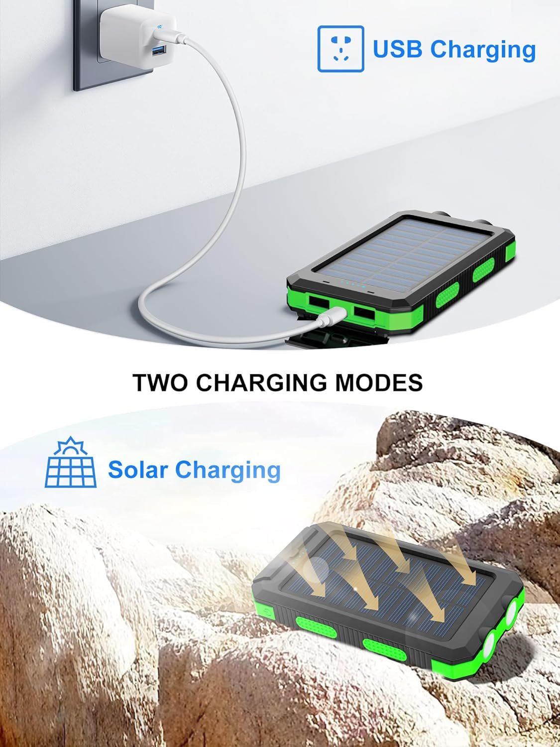 Eco-Friendly Solar Power Bank - Portable Waterproof Charger with LED Flashlight for Outdoor Adventures (Green)