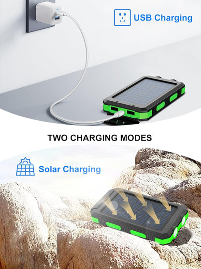 Eco-Friendly Solar Power Bank - Portable Waterproof Charger with LED Flashlight for Outdoor Adventures (Green)